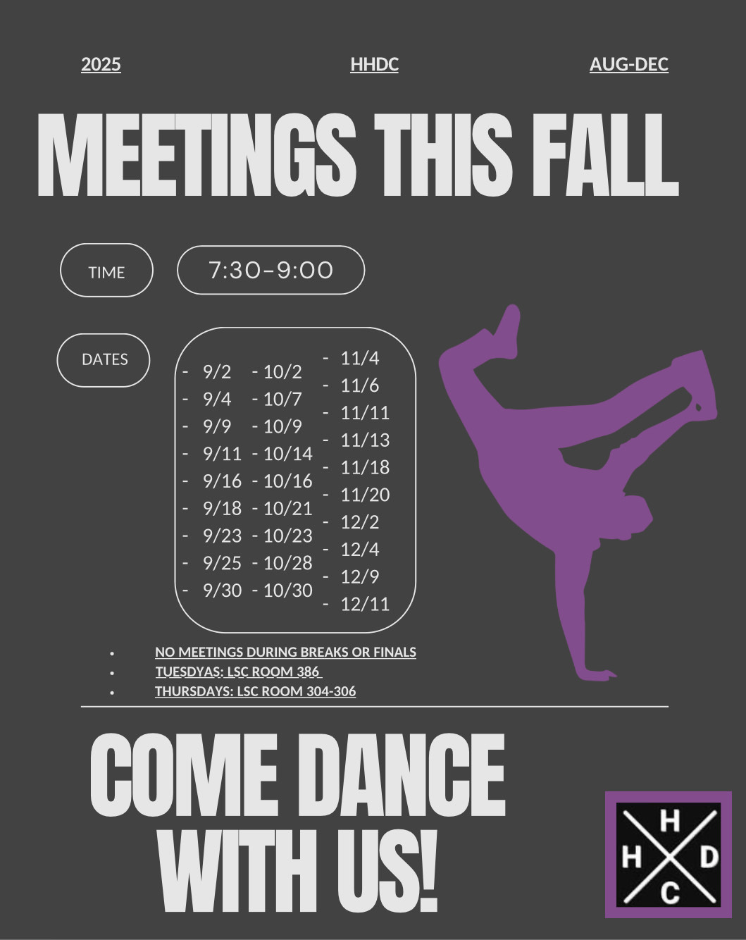 Fall 2024 schedule for the CSU Hip-Hop Dance Club